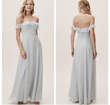 BHLDN Macau Chiffon Off Shoulder Formal Maxi Dress Blue Fog 18 NWOT Prom HoCo