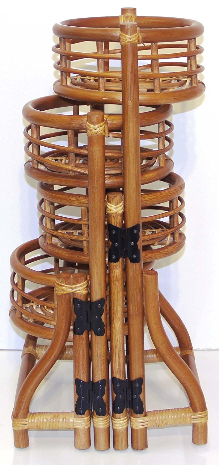 Handmade Rattan Wicker Plant Flower Stand Natural 4 Tier Planter Cognac