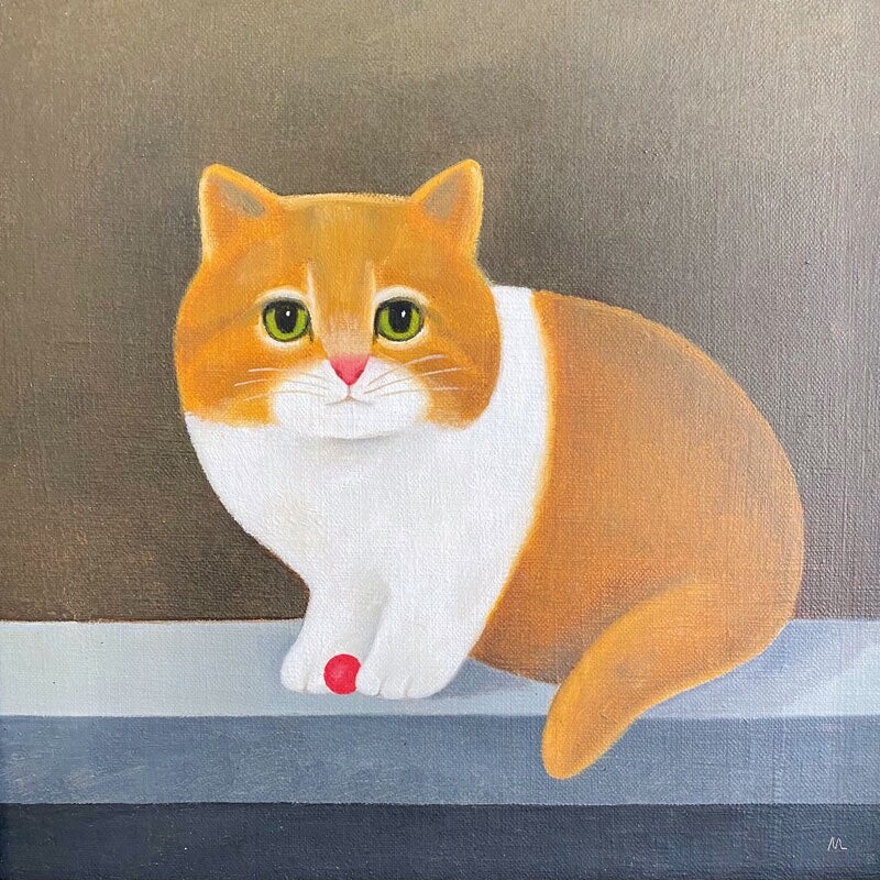Cat with Red Ball - Fine Art Blank Greeting / Birthday Card - Ginger  - Leman
