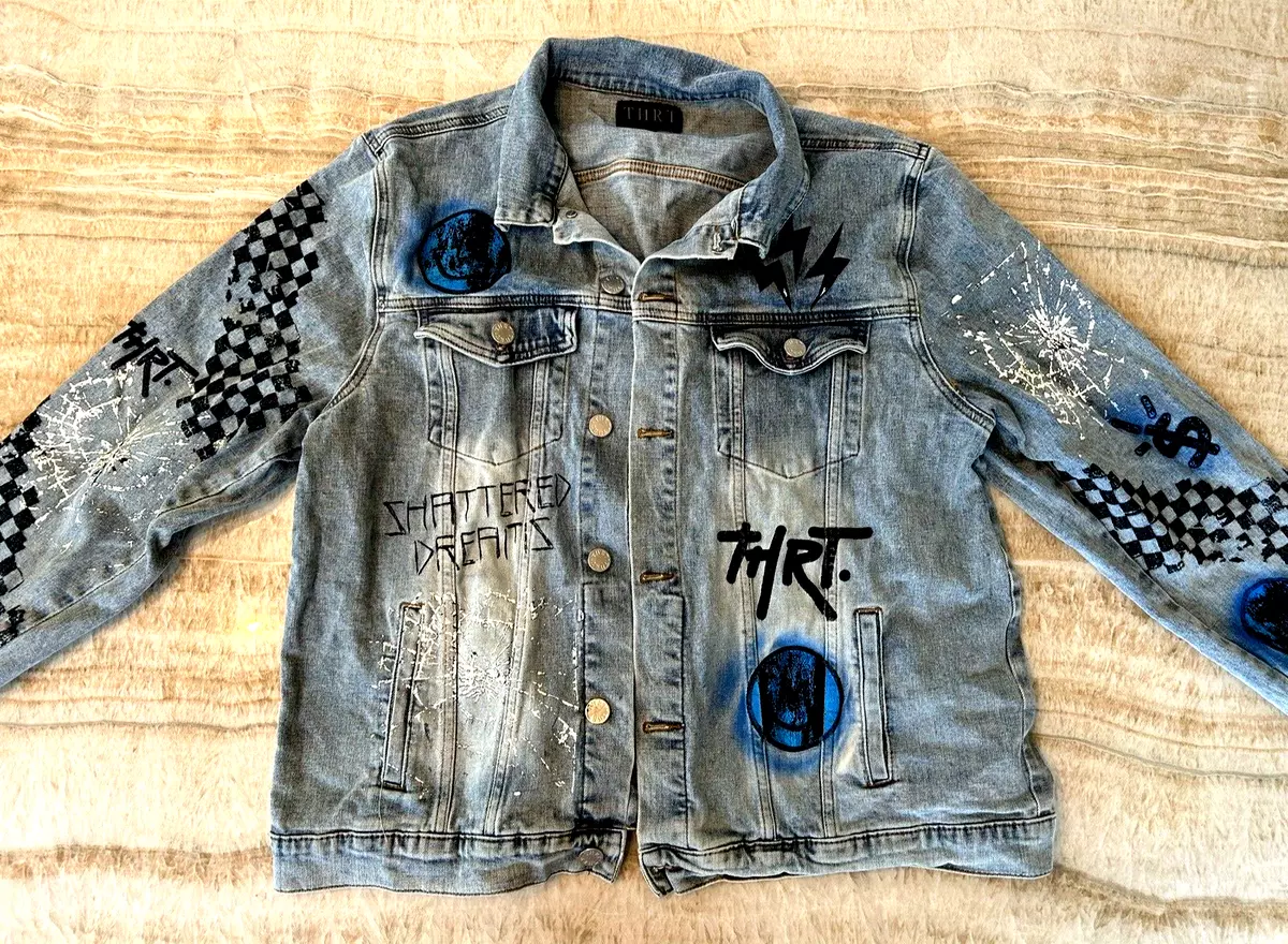 THRT Distressed Denim Jacket Black Shattered Dreams Blue Men s