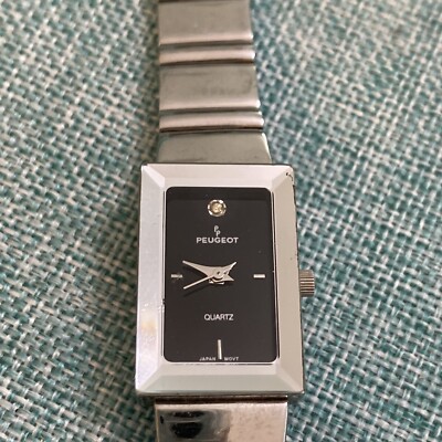 Peugeot Women's Tank Watch Diamond Accent Black Dial Silver