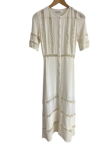 REFORMATION Ivory Sheer Lace Inset Pintuck SURREY Crepe Midi Shirt-Dress Sz 2