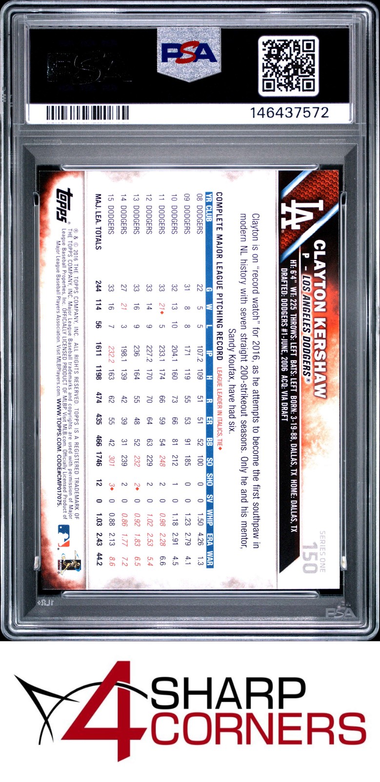 2016 TOPPS #150 CLAYTON KERSHAW DODGERS PSA 9 view 2