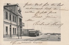 DSWA fr&uuml;he AK Postgeb&auml;ude Swakopmund mit Schienen zum Strandlager, gel. Magdebur