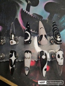 Custom Long Stiletto Full Cover  Press On Nails Black/White/Clear Ouija Nails