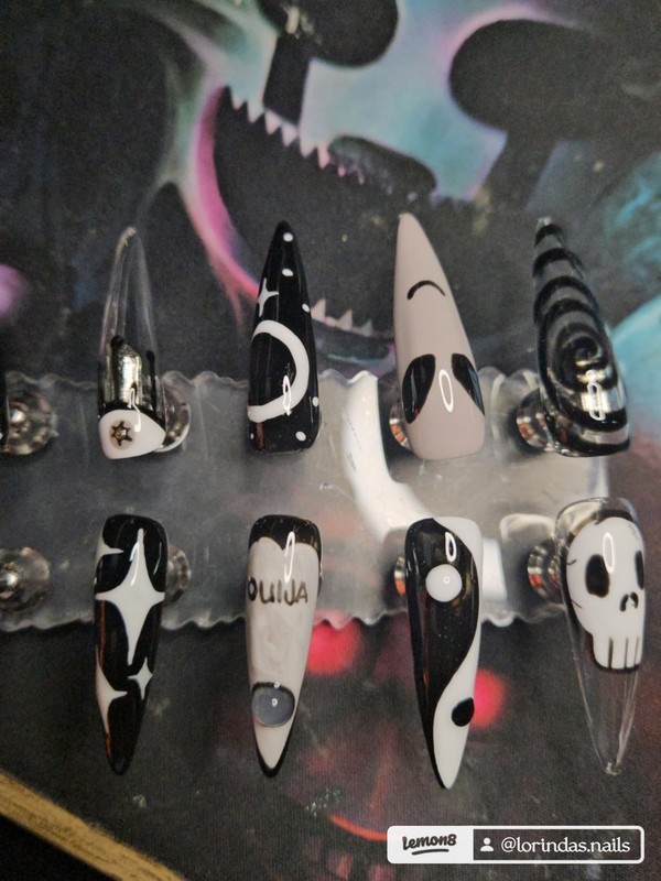 Custom Long Stiletto Full Cover  Press On Nails Black/White/Clear Ouija Nails