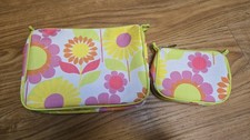 New Clinique 2 Piece Makeup Purse Cosmetic Bag Pink Yellow Lime Green Floral
