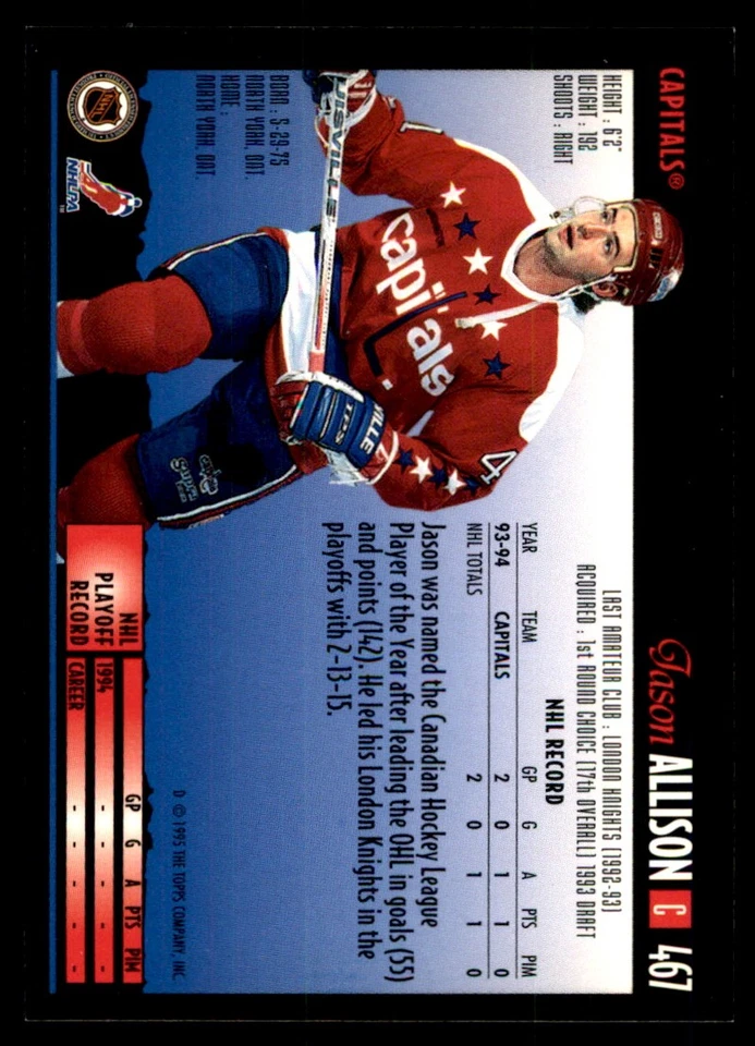 Jason Allison 1994-95 Topps Premier #467 Capitals NHL READ FREE SHIPPING - Image 2 of 2