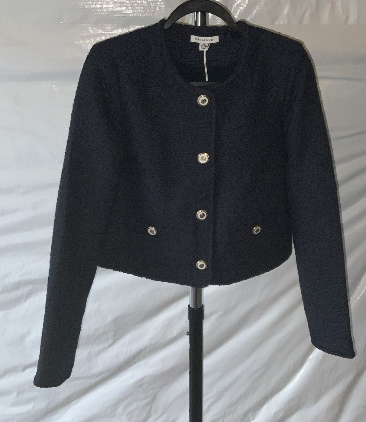 Free Assembly Women’s Collarless Jacket Navy SZ XS(0-2) Snap Buttons W/Rose NWT!