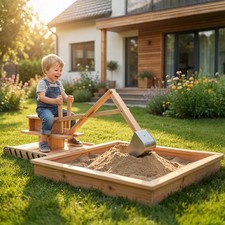 Wooden Sandbox with Digger 360° Swivel Seat Kids Sand Pit