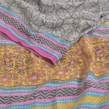 Sanskriti Vintage Saree Gray Pure Crepe Silk Abstract Printed Sari 5.5 Yd Fabric