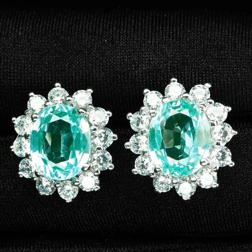 Bluish Green Paraiba Tourmaline 7.65Ct 925 Sterling Silver White Gold Earrings