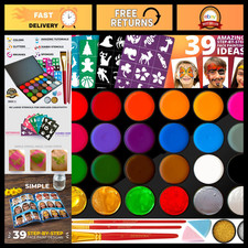 Face Painting Kit for Kids - 60 Reusable Stencils, 24 Water Activated Paints, Ea