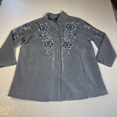 Bob Mackie Wearable Art Blue Fleece Embroidered Button Up Jacket Coat Sz 1X