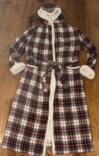 LL Bean Scotch Plaid Robe Womens XS Regular Red Sherpa Lined Loungewear Hood