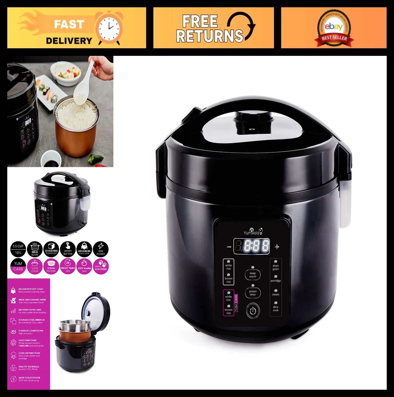 "5.5 Cup Rice Cooker with Ceramic Bowl, Fuzzy Logic, 8 Cooking Functions, Dark S