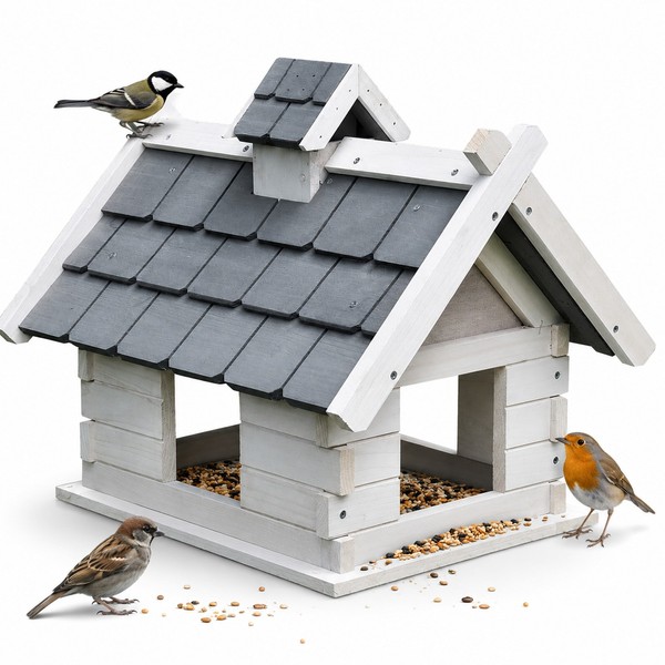 Vogelhaus Vogelfutterhaus Futterstation Grau Weiß Holz Vogelvilla VogelhäUschen-image