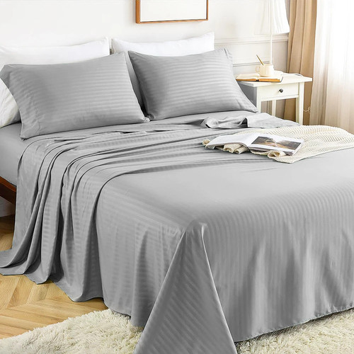 Juego de 4 piezas sábanas planas ajustables de lujo con fundas de almohada juego de ropa de cama a rayas lisas - Imagen 2 de 34
