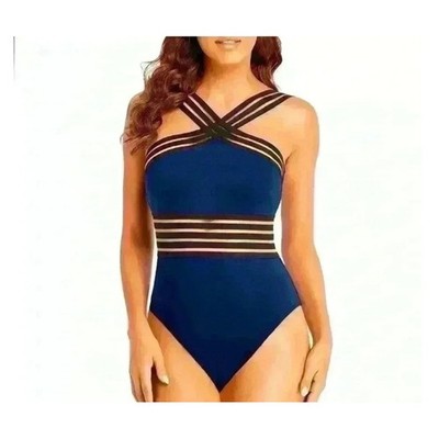 Hilor Womens Navy Blue Mesh Stripe Cross Front One Piece Swimsuit Size S 4-6 NEW