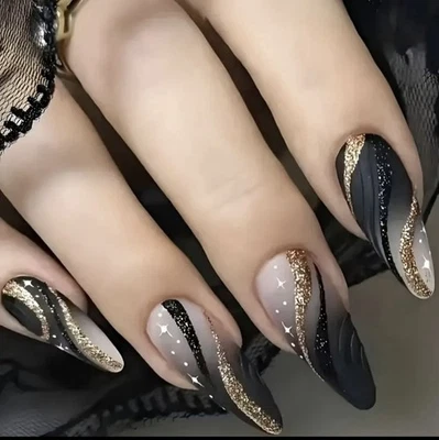 24pcs Almond Nail Tips Simple Curve Golden Foil Thin Glitter False Nails