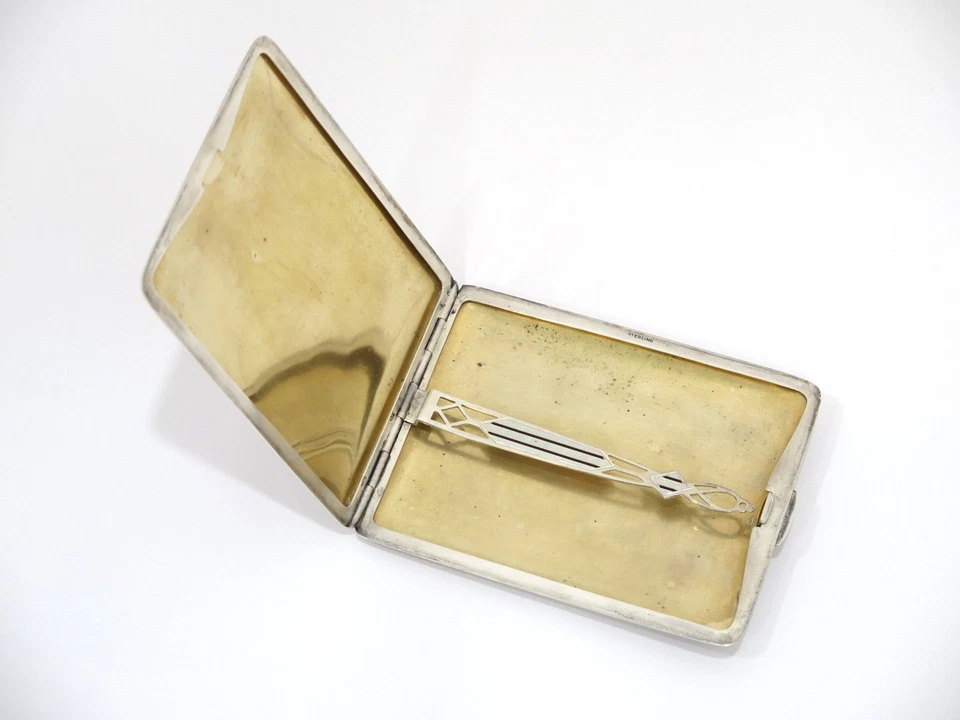 Estuche de cigarrillos antiguo americano a rayas de plata esterlina esmalte negro de 4,25 pulgadas Foto 4 de 4