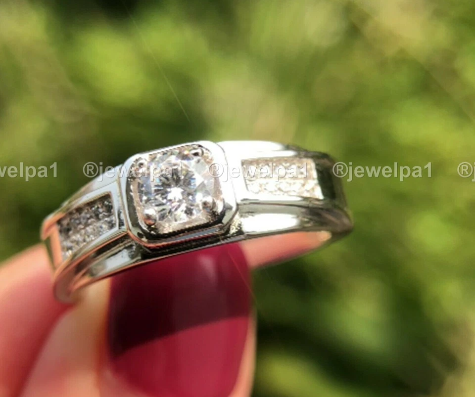 Moissanite Men's Wedding Ring Solid 14K White Gold Excellent Round Cut VVS1 2 CT - Image 4 of 4