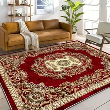 VelvetSoft Ultra-Soft Velvet Mat - Elegant Red Floral & Golden Geometric Design