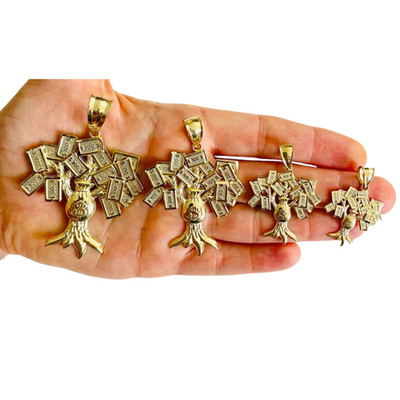 Massiver 10K Gelbgold Geld Baum Anhänger - Geld Baum Tasche $ 100 Schein Charm - G89