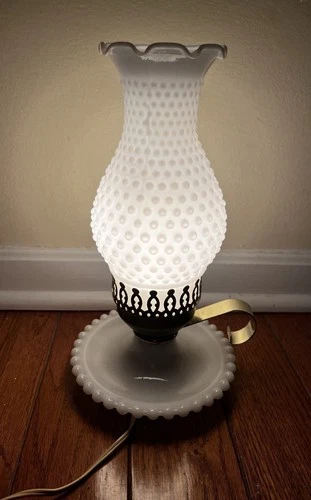 Vintage Milk Glass Electric Bedside Lamp With Hobnail Hurricane Shade 11” Tall