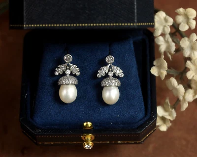 Boucles d'oreilles Belle Epoque Clous Argenté Acorn Feuille CZ Vraie Perle SC2 - Photo 1/4