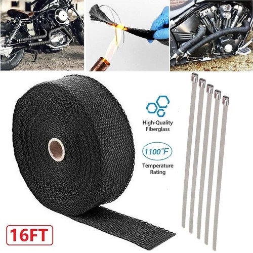 2" Roll Motorcycle Black Fiberglass Exhaust Header Pipe Heat Wrap Tape+ Ties Kit - Picture 2 of 15