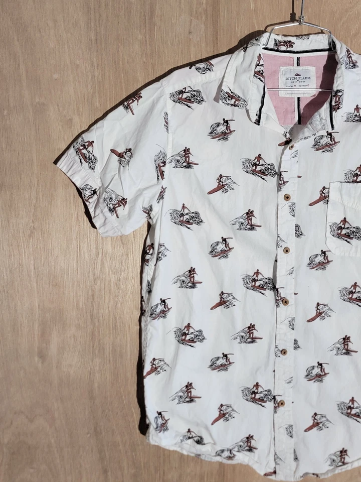 ditch plains button up shirt mens M classic fit short sleeve collard surf white - Image 2 of 4
