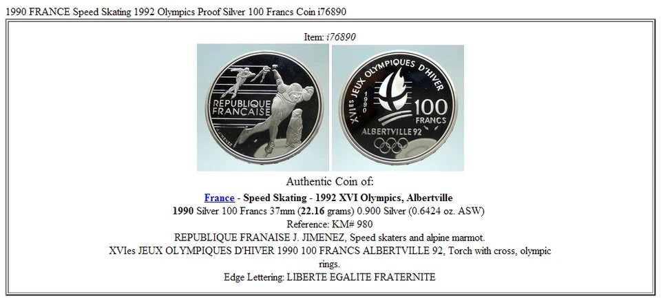 Moneda de 100 francos de plata a prueba de los Juegos Olímpicos de 1992 Francia 1990 i76890 Foto 3 de 3