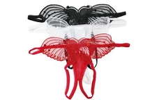 Flirtzy Sheer Butterfly Applique Crotchless Panties w/ Pearl, 3 Pack