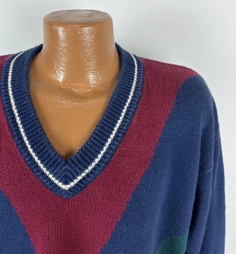 Vintage 90s Color Block Sweater Mens Large Navy Blue Burgundy Forest Green Golf  - Image 4 of 4