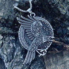 MENDEL Stainless Steel Mens Norse Viking Talisman Raven Crow Pendant Necklace