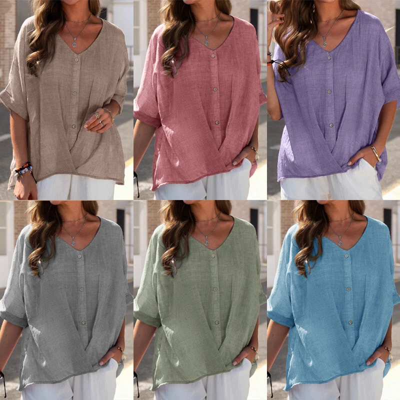 Women Cotton Linen Casual Blouse Baggy Ladies T-Shirt Top Summer Tunic Plus Size - Image 4 of 4