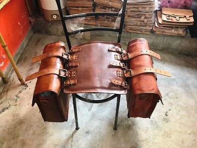 Pair Large Genuine Vintage Leather Motorcycle Saddle Two Side Bag Brown Luggage