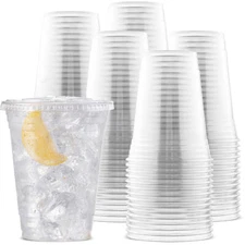 100 Clear 12 oz Cups with Straw-Slot Lids – Disposable Plastic Drinkware