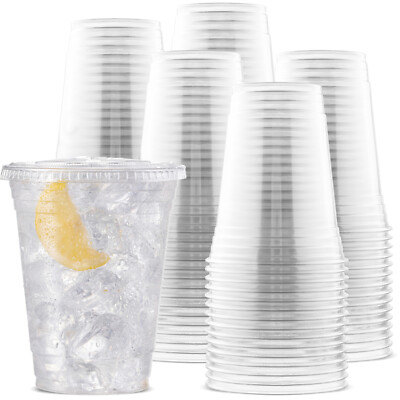 #ad #ad 100 Clear 16 oz Cups with Straw Slot Lids – Disposable Plastic Drinkware $21.74
