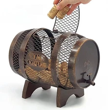 Rustic Metal Large Barrel Wine Cork Holder Display On Wooden Stand, Wine Love...