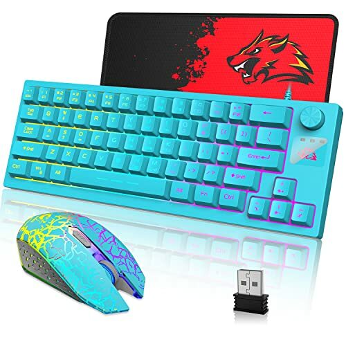 Wireless Keyboard and Mouse Gaming Combo,64 Key with Knob RGB LED Backlit