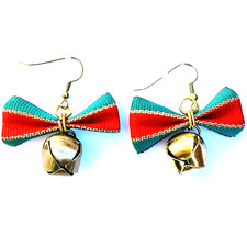 Christmas Bow Jingle Bell Earrings Drop Dangle Hook Red Green Pierced Vintage