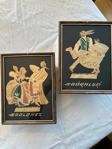 2 Polish Handmade Vintage Framed Straw Folk Art Goralski and Polonez Dancers 