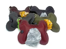 Bone Shaped Poop Bag Holder Dispenser Soft Genuine Italian Leather Keychain