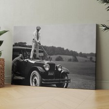Golfing On Top Of Car Vintage 1900s Golf Black and White Canvas Wall Art Print