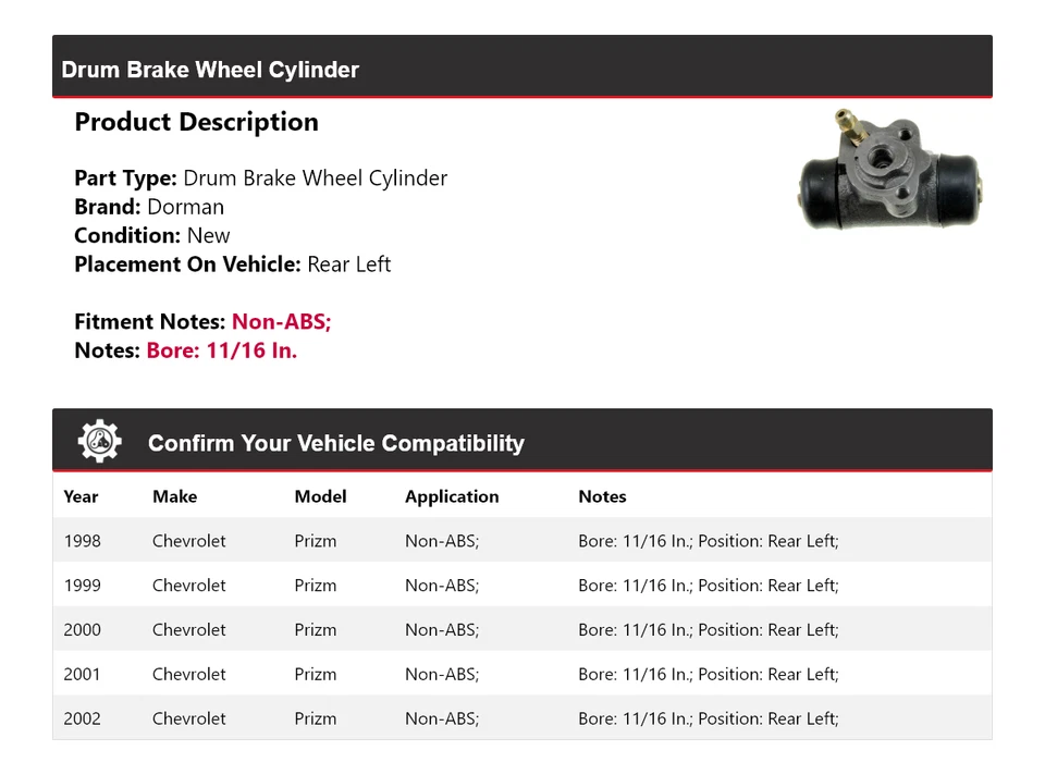 Cilindro de rueda de freno de tambor trasero izquierdo 1999 para Chevrolet Prizm Dorman 1998-2002 Foto 2 de 3