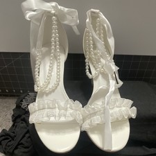 Unilady Strappy White High Heel Sandals Pearl Ankle Strap US Size 8.5