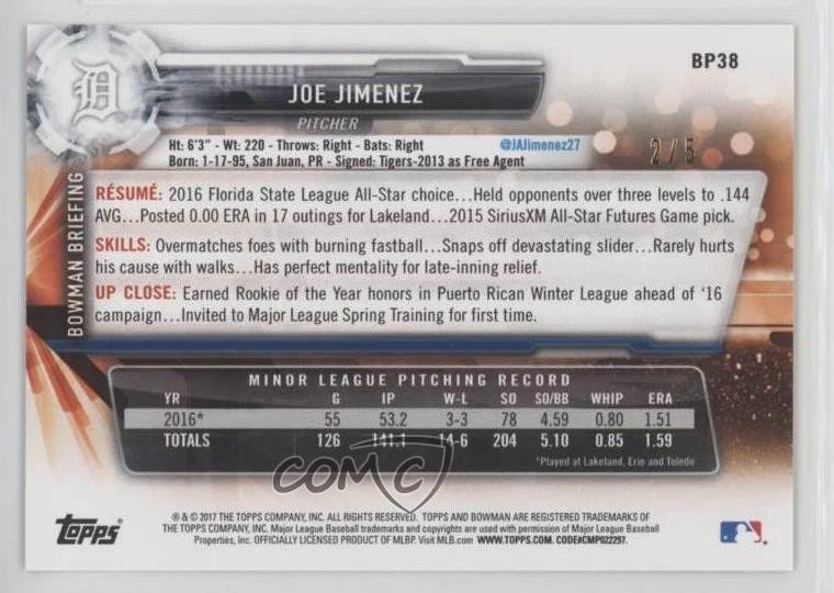 2017 Bowman Prospects Red /5 Joe Jimenez #BP38 Rookie RC - Image 2 of 2