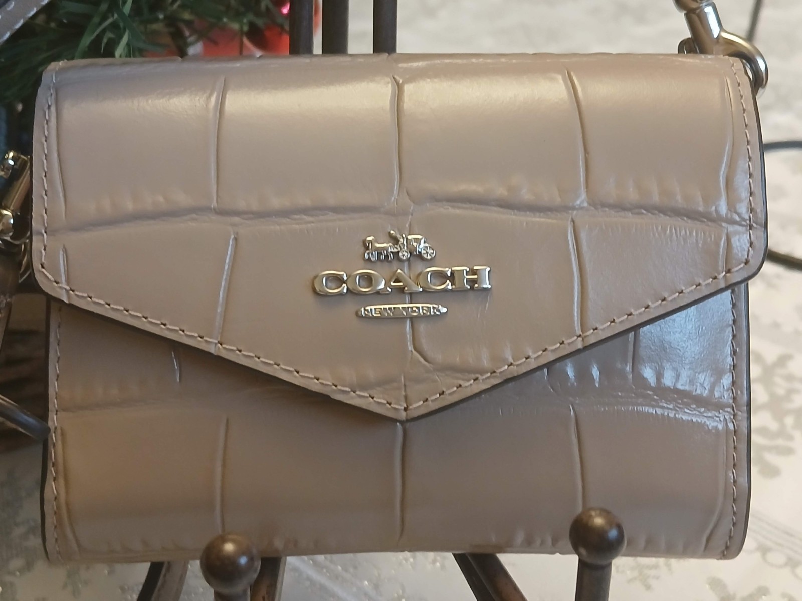 COACH MINI ENVELOPE WALLET W/ DETACHABLE CROSSBODY STRAP TAN CROC LEATHER NWT